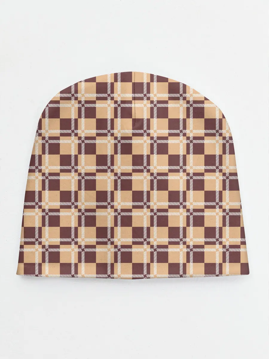 Детская шапка / Коричневые и бежевые квадраты с линями