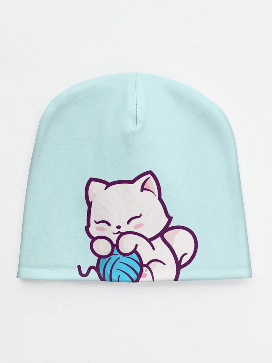 Детская шапка / Белый котенок с клубком милый