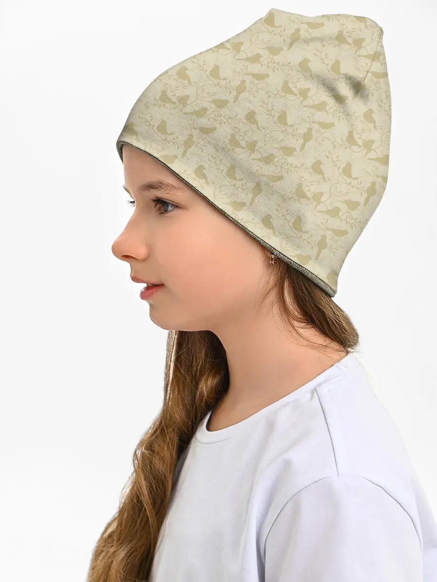 Детская шапка / Бежевый принт силуэты птичек