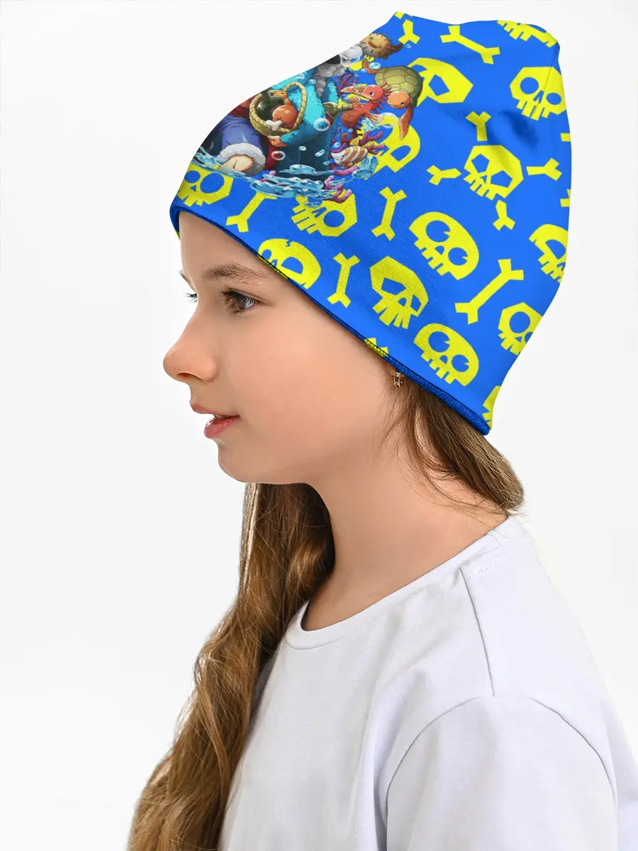 Детская шапка / Веселый Монки. Синий фон череп и кости