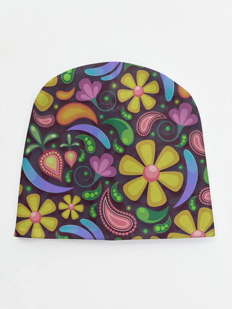 Детская шапка / летние цветы узор на темном