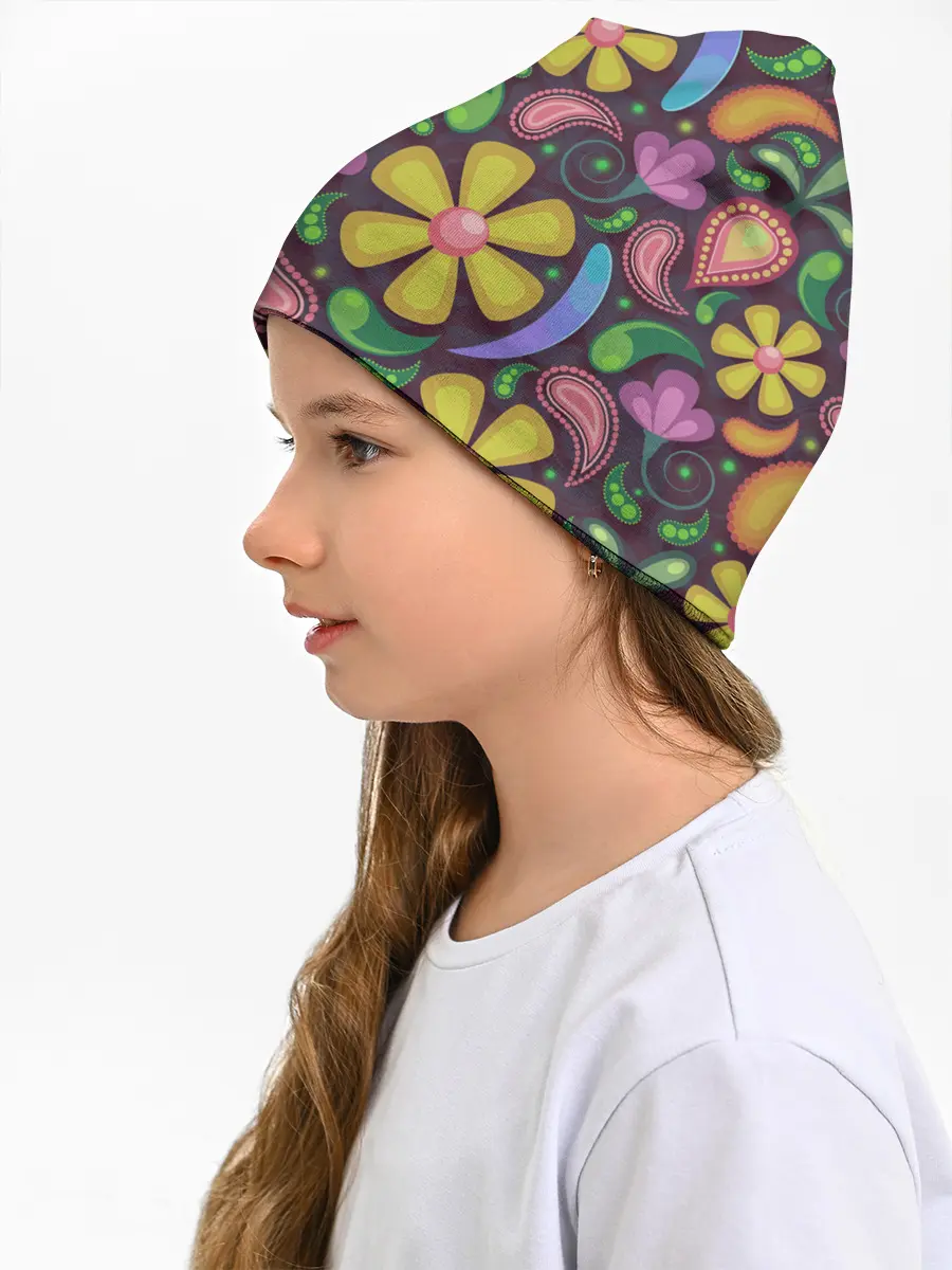 Детская шапка / летние цветы узор на темном