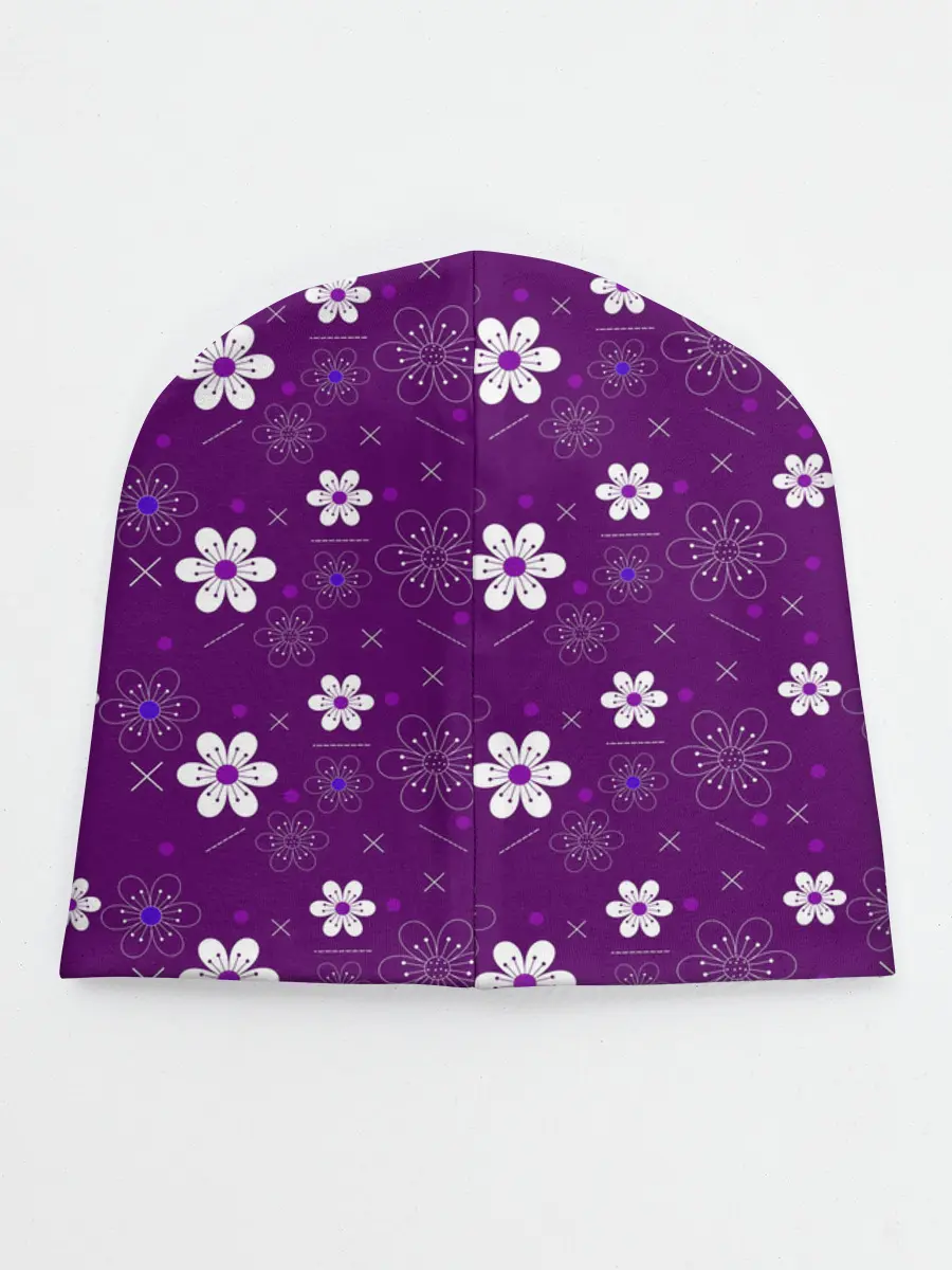 Детская шапка / узор цветы на фиолетовом фоне