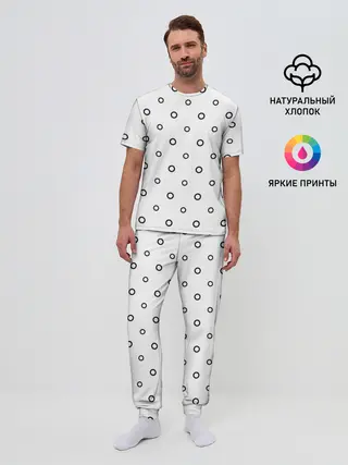 Мужская пижама с брюками / Черно-белый узор в горошек.