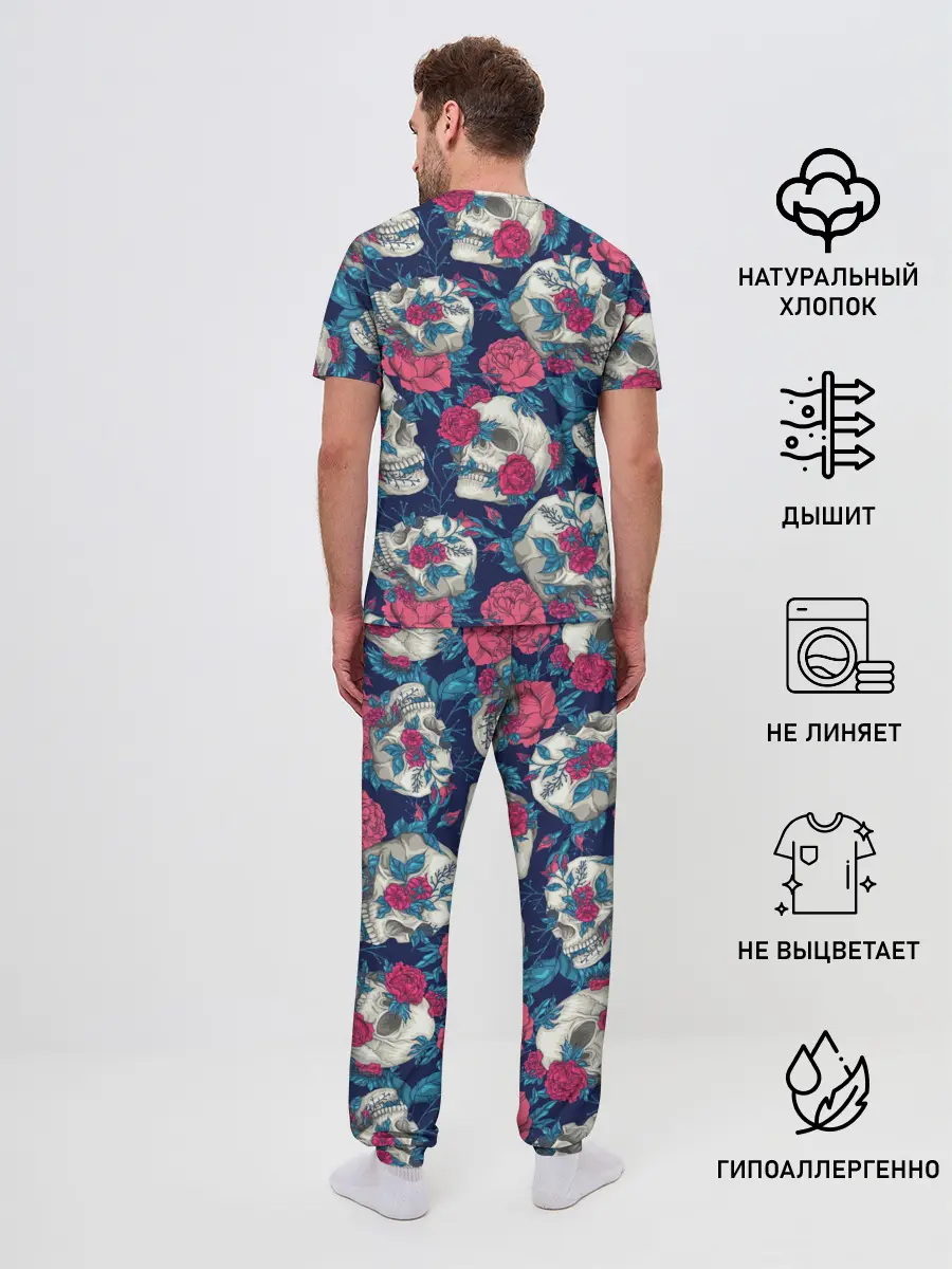 Мужская пижама с брюками / Реалистичные черепа с розами