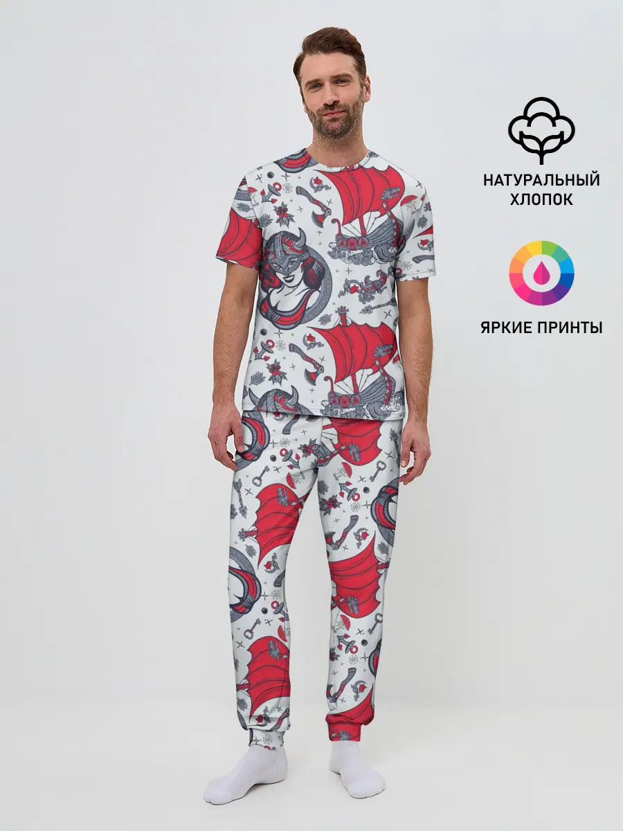 Мужская пижама с брюками / Корабли и девушка викинг