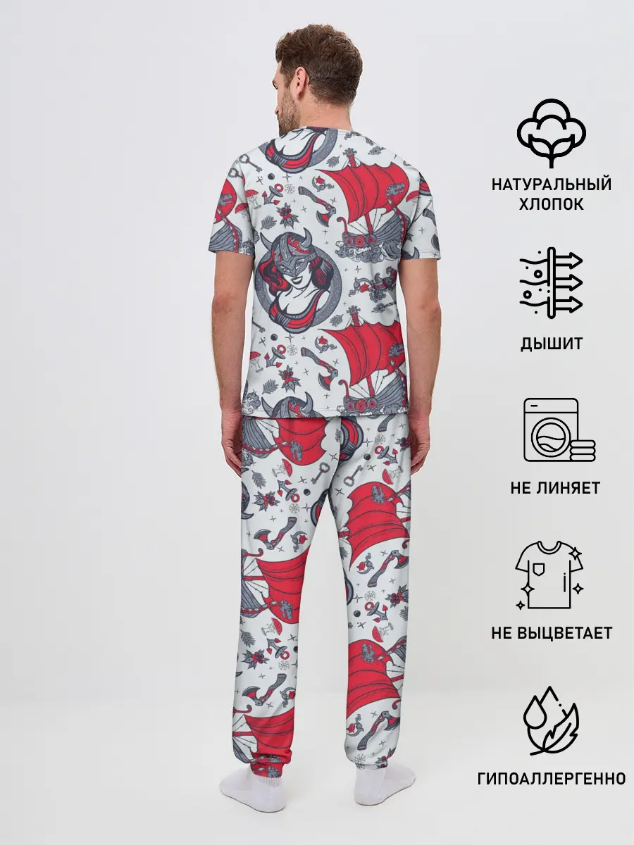 Мужская пижама с брюками / Корабли и девушка викинг