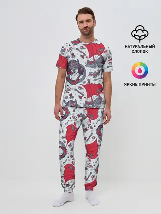 Мужская пижама с брюками / Корабли и девушка викинг