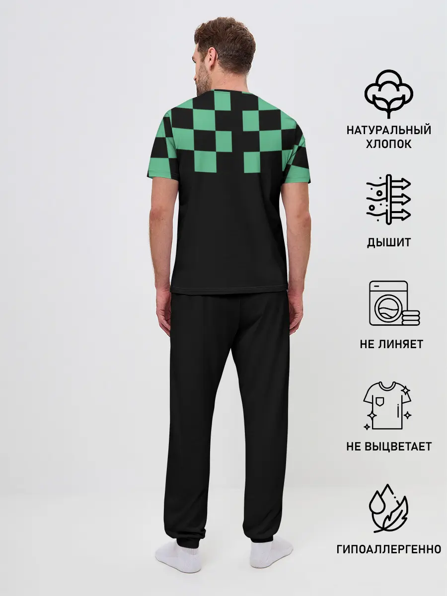 Мужская пижама с брюками / Kamado Tanjiro зеленые квадраты