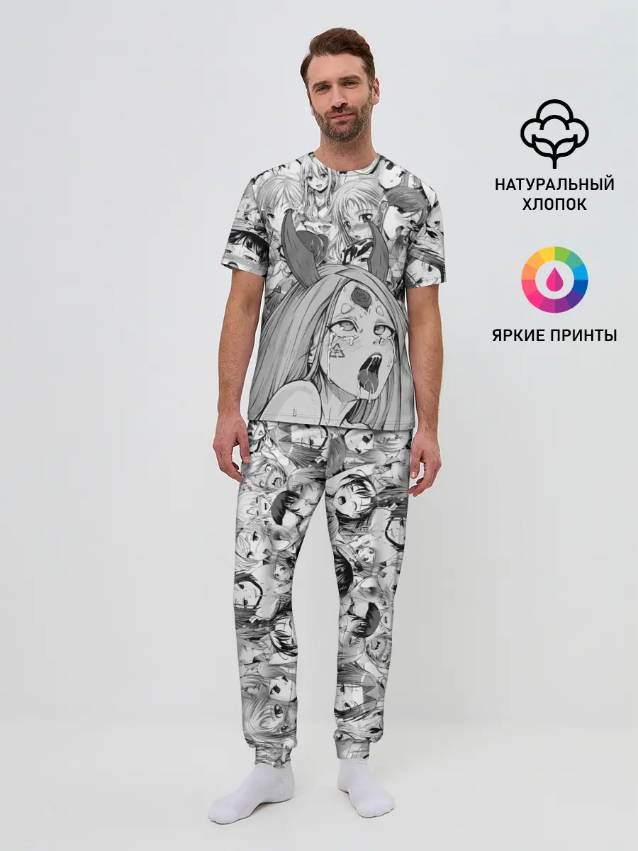 Мужская пижама с брюками / KAGUYA AHEGAO чернобелое / КАГУЯ АХЕГАО