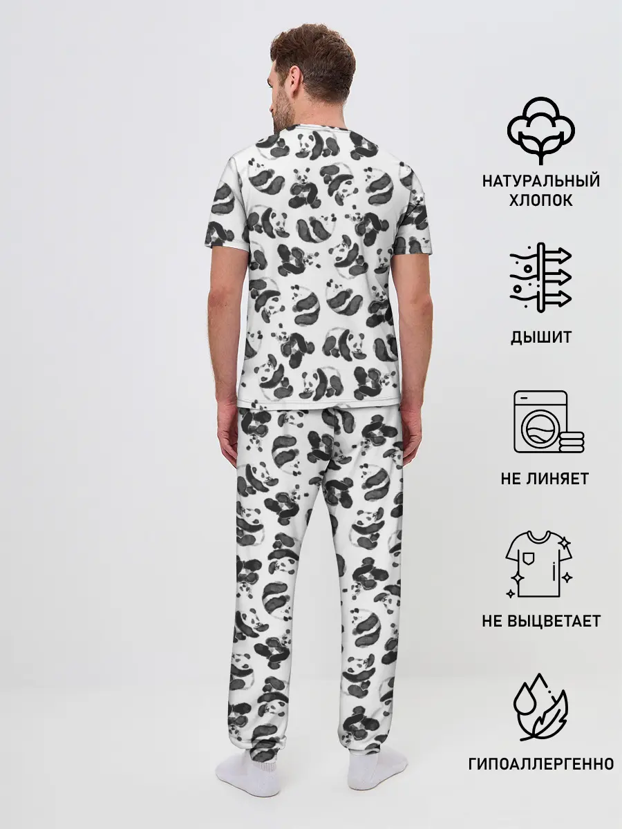 Мужская пижама с брюками / Акварельные панды паттерн