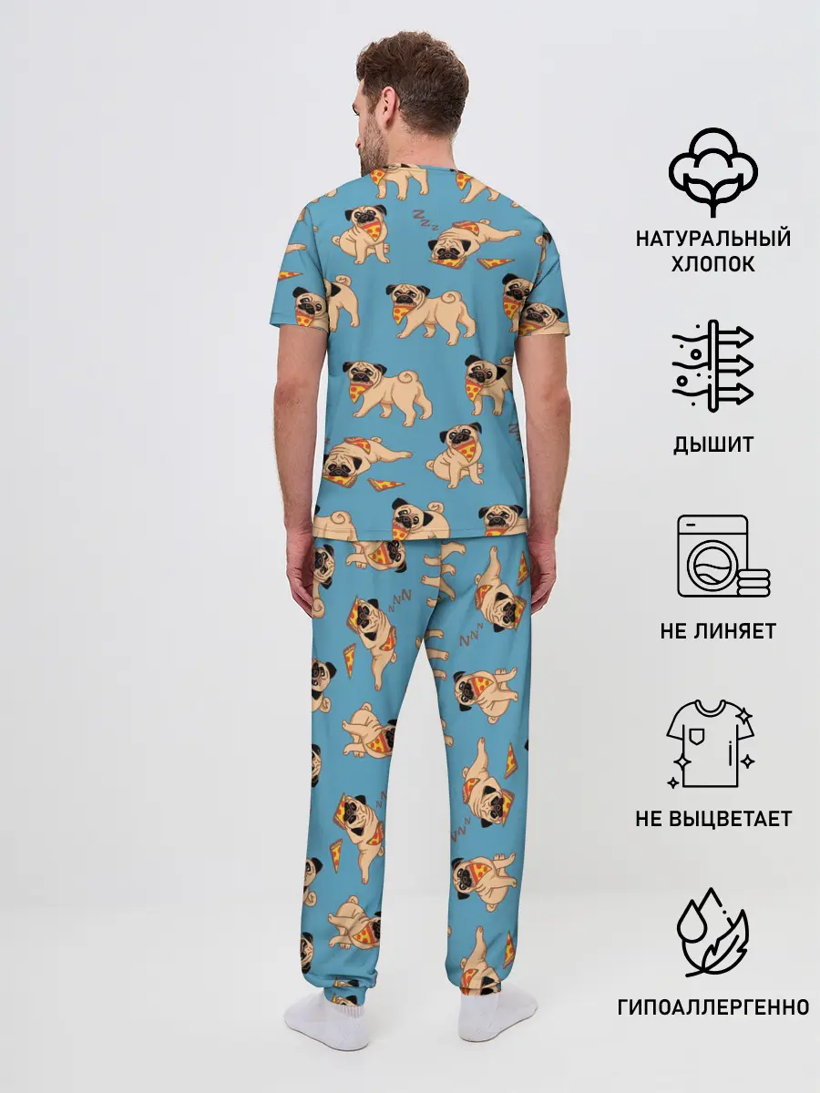 Мужская пижама с брюками / Мопсы с пиццей
