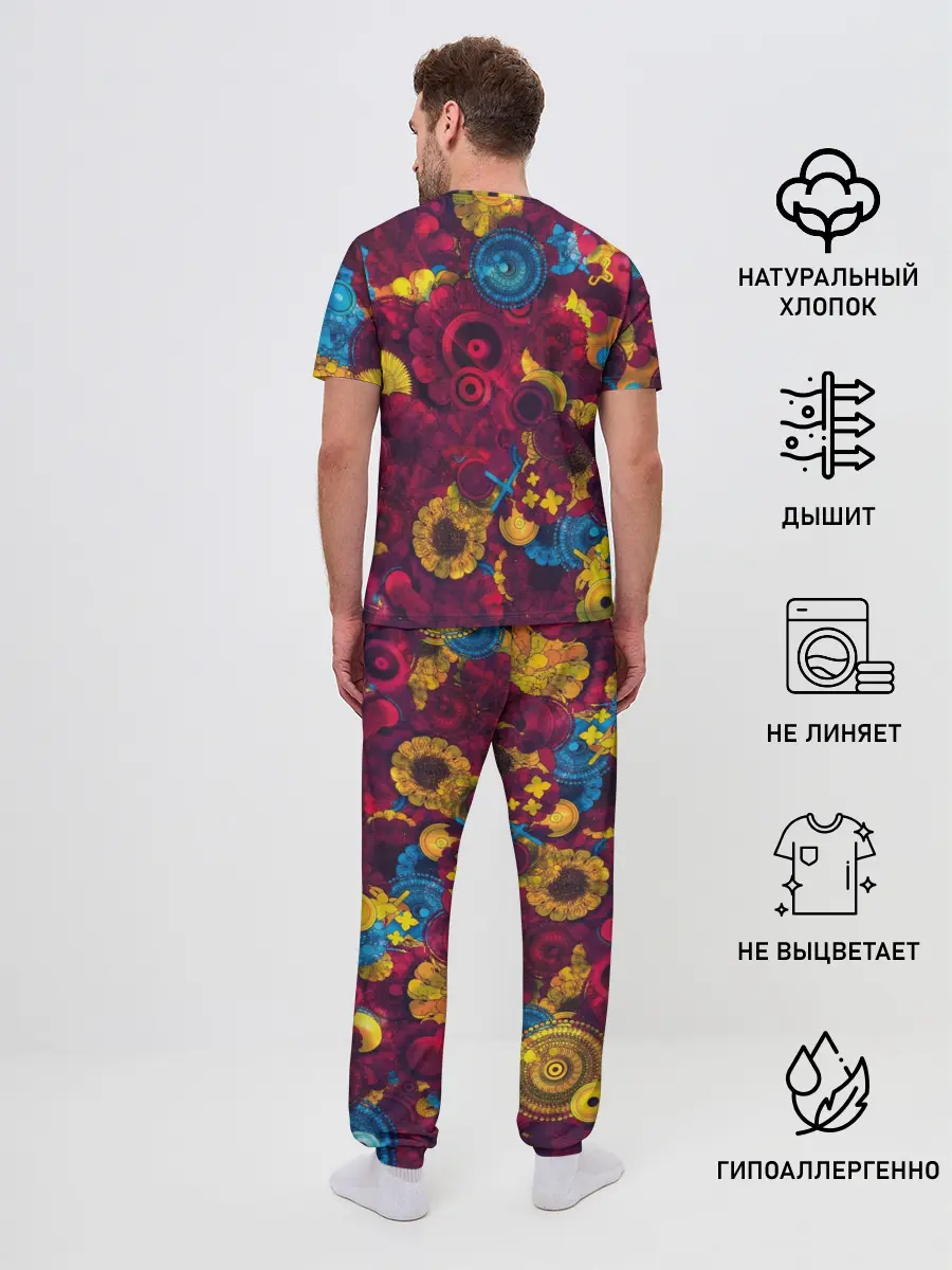 Мужская пижама с брюками / Цветы - шестеренки