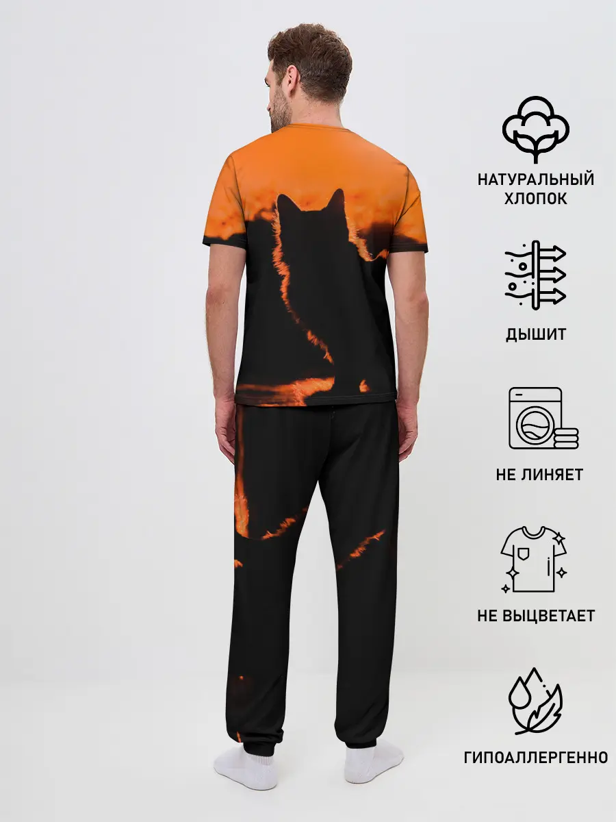 Мужская пижама с брюками / Котенок на фоне заката