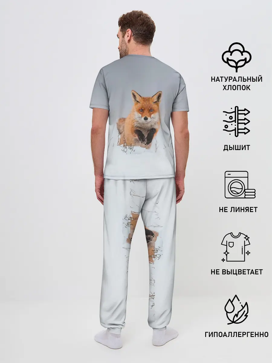 Мужская пижама с брюками / Лисица прыгает по снегу