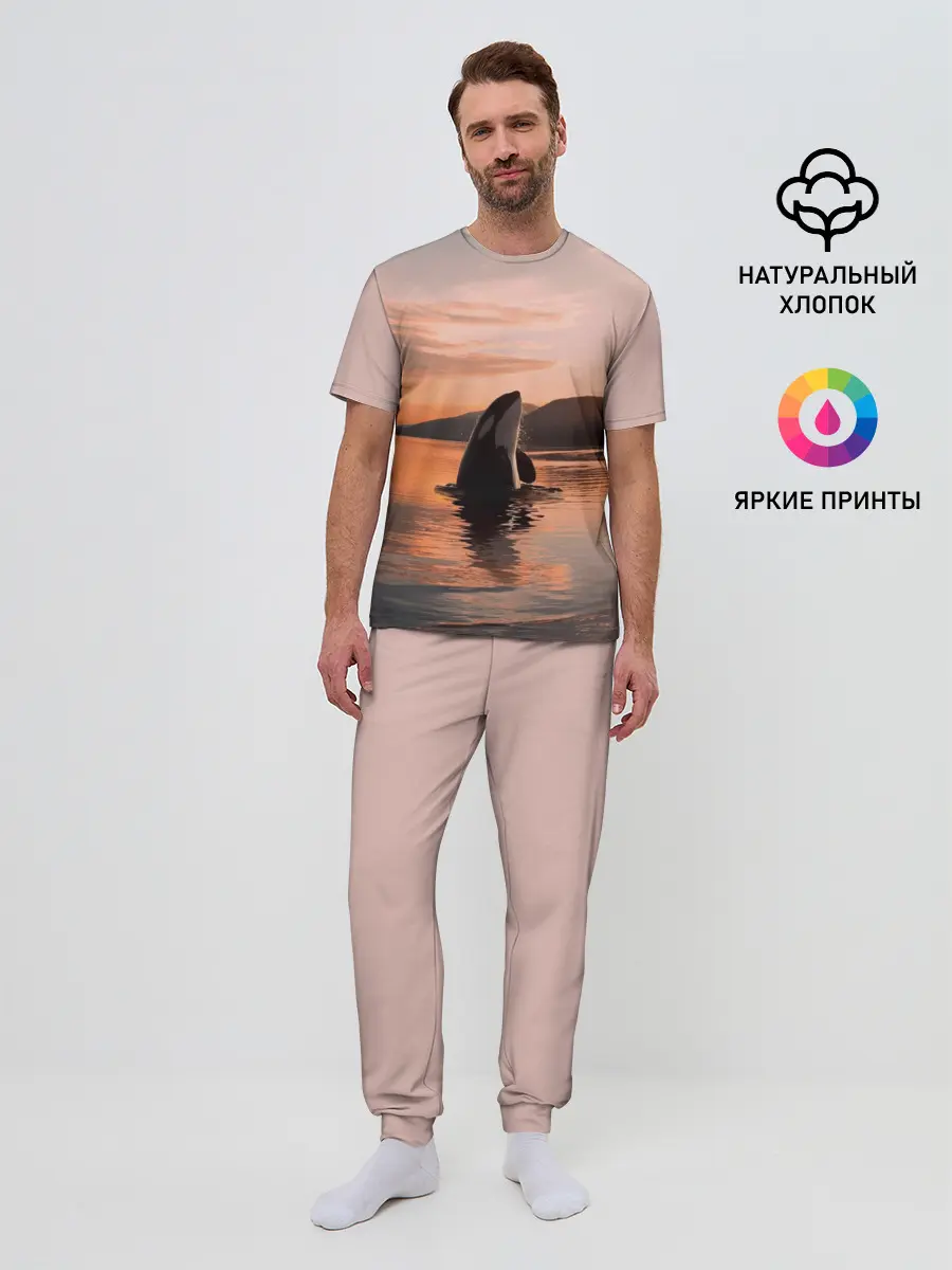 Мужская пижама с брюками / касатки на закате