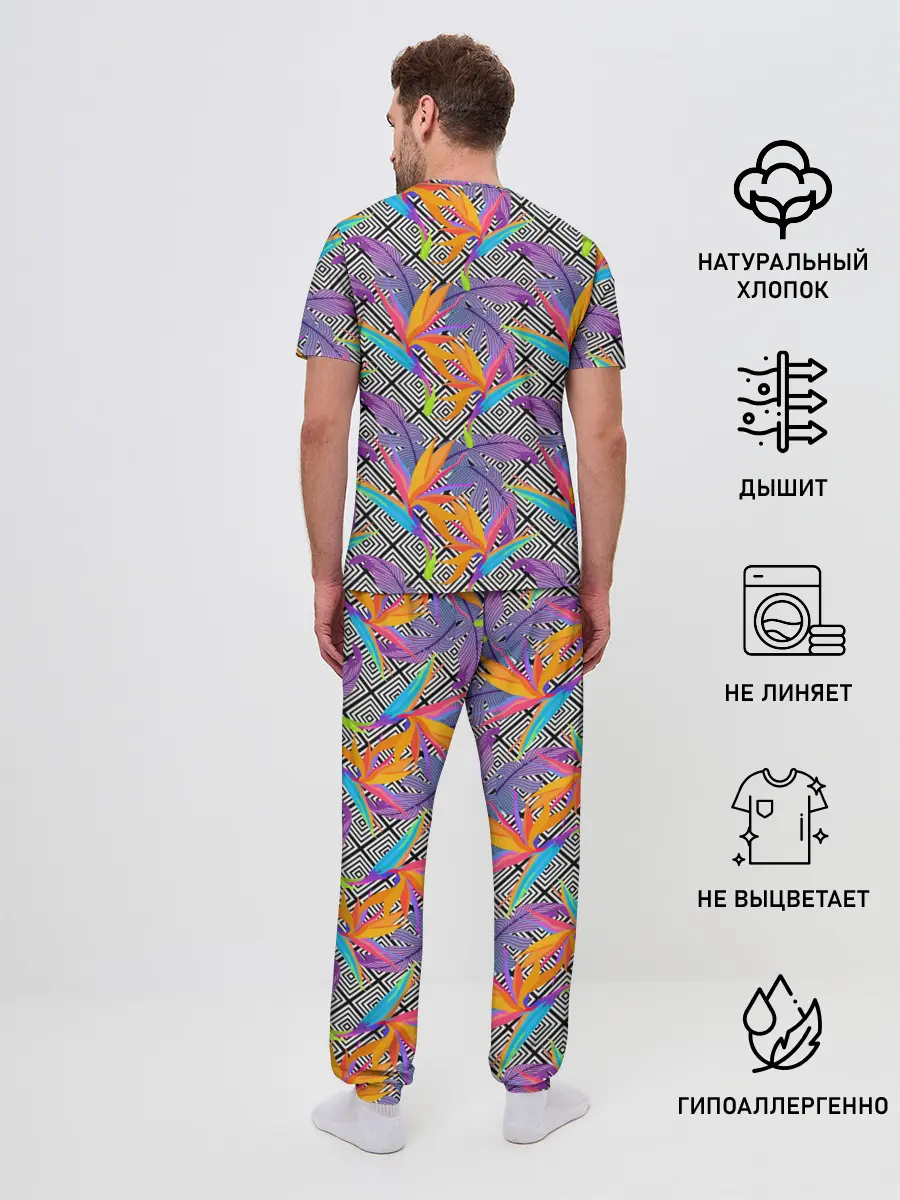 Мужская пижама с брюками / Тропические цветы и узоры