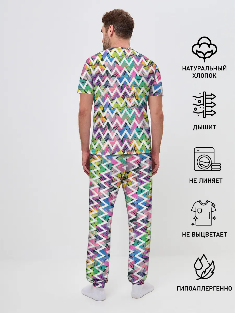 Мужская пижама с брюками / Кривая линия и цветы