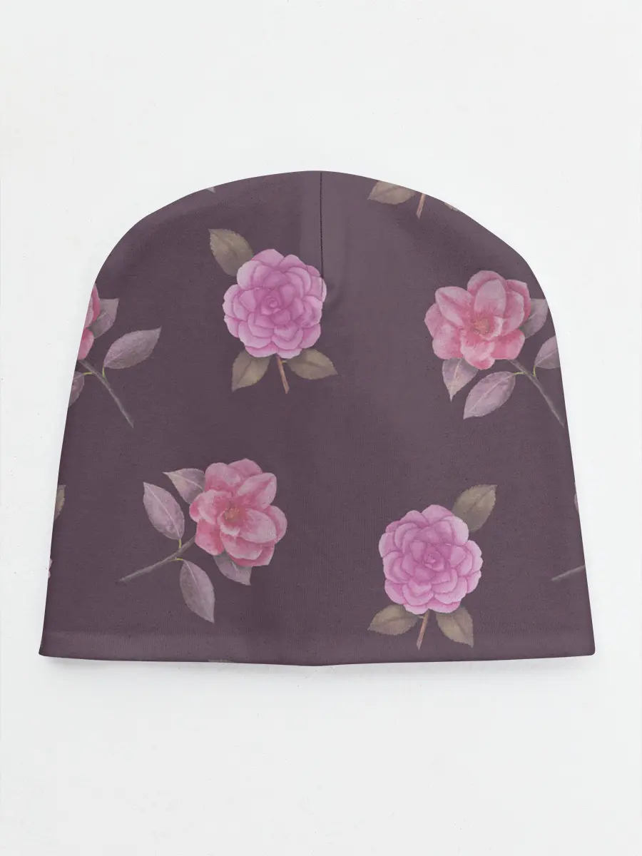 Детская шапка / Камелии на вишневом фоне