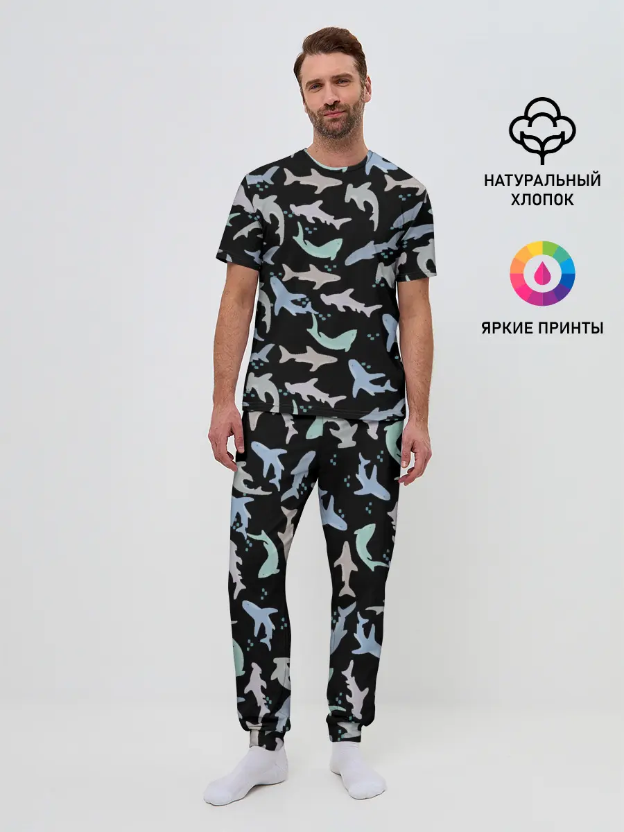 Мужская пижама с брюками / Акулы разные