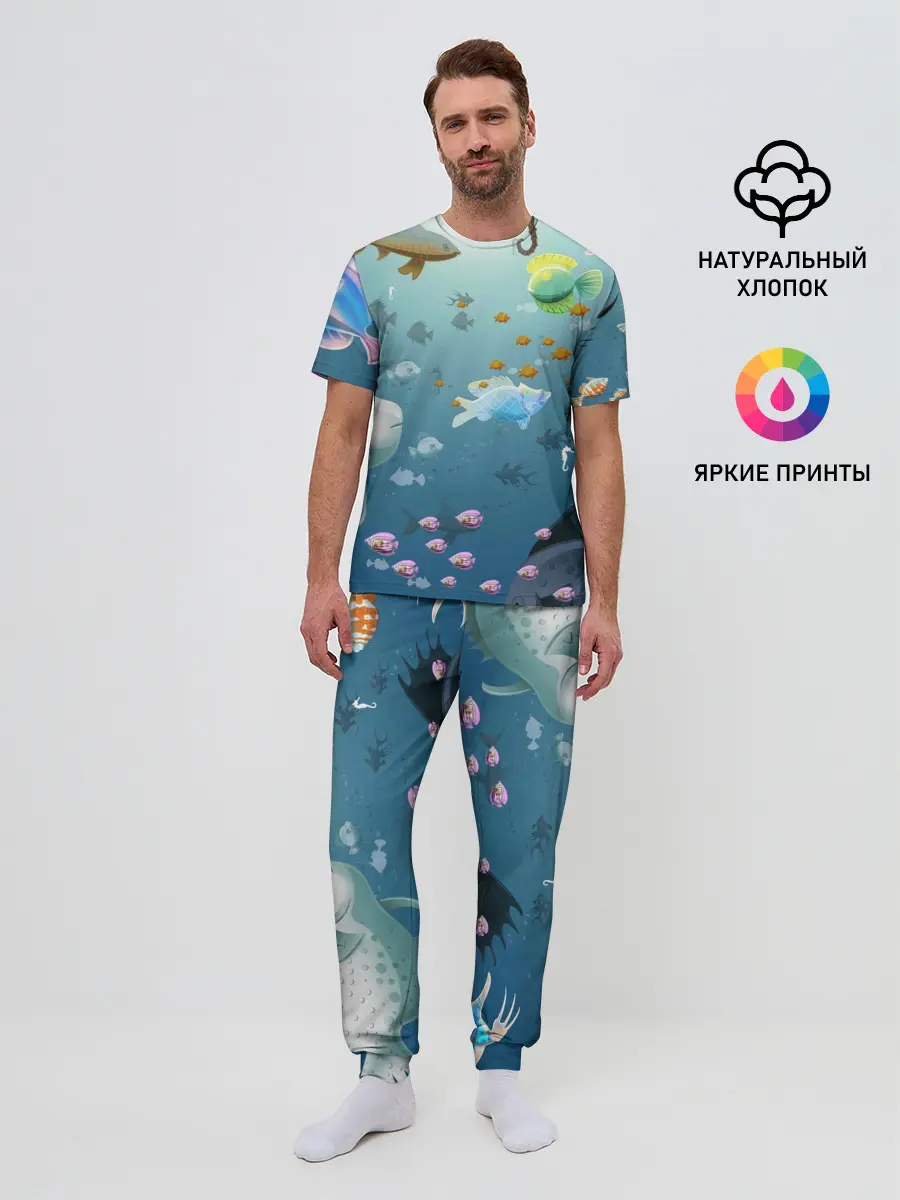Мужская пижама с брюками / Мультяшные рыбки | Пляжная