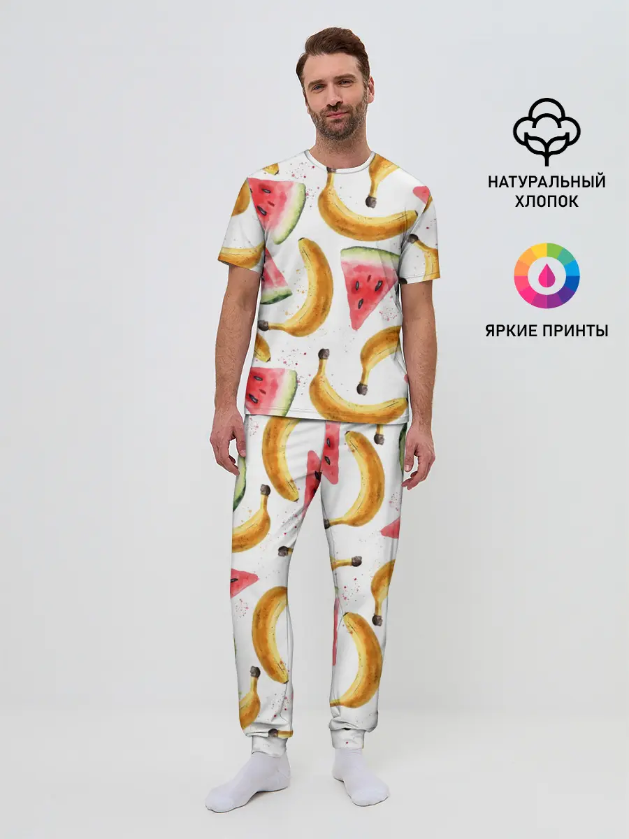 Мужская пижама с брюками / Летний фреш арбуз банан