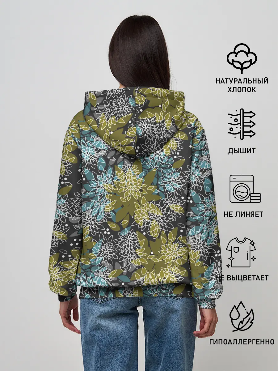 Женское худи / Черно оливковый цветочный