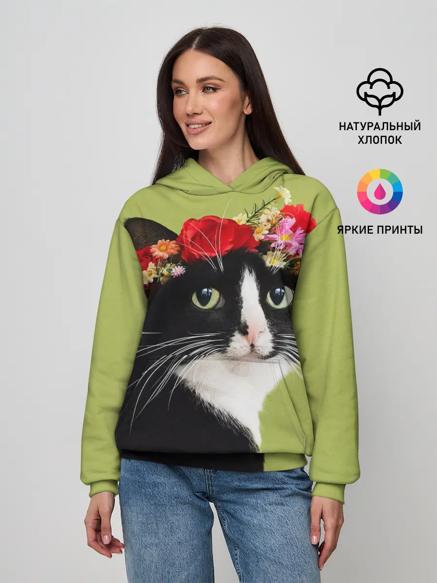 Женское худи / Кот и цветы
