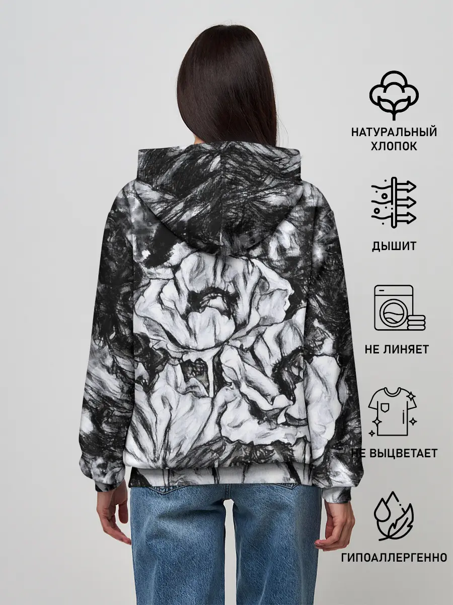 Женское худи / Черно-белый узор. Маки.