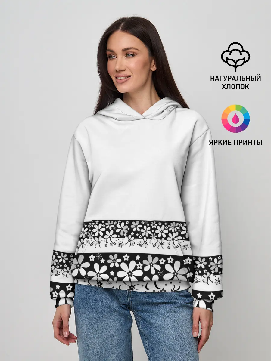 Женское худи / Черно-белый цветочный принт