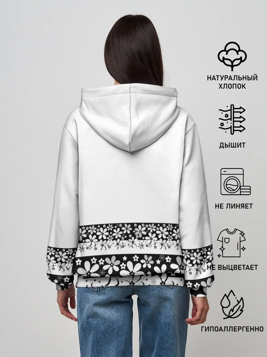 Женское худи / Черно-белый цветочный принт