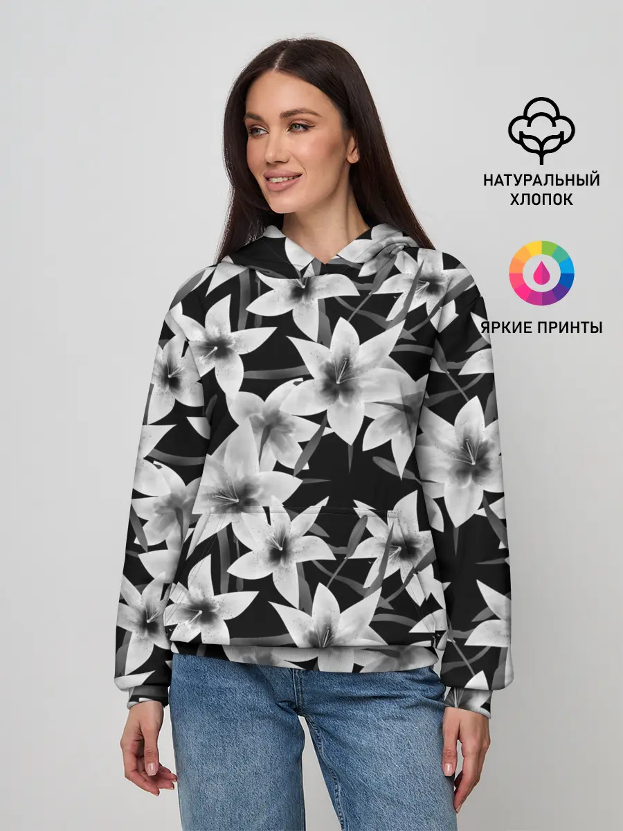 Женское худи / Лилии черно-белые