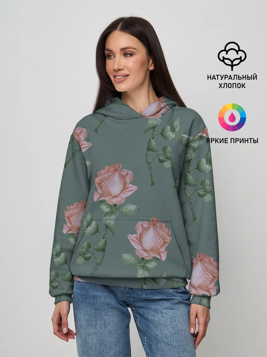 Женское худи / Красные розы на зеленом фоне