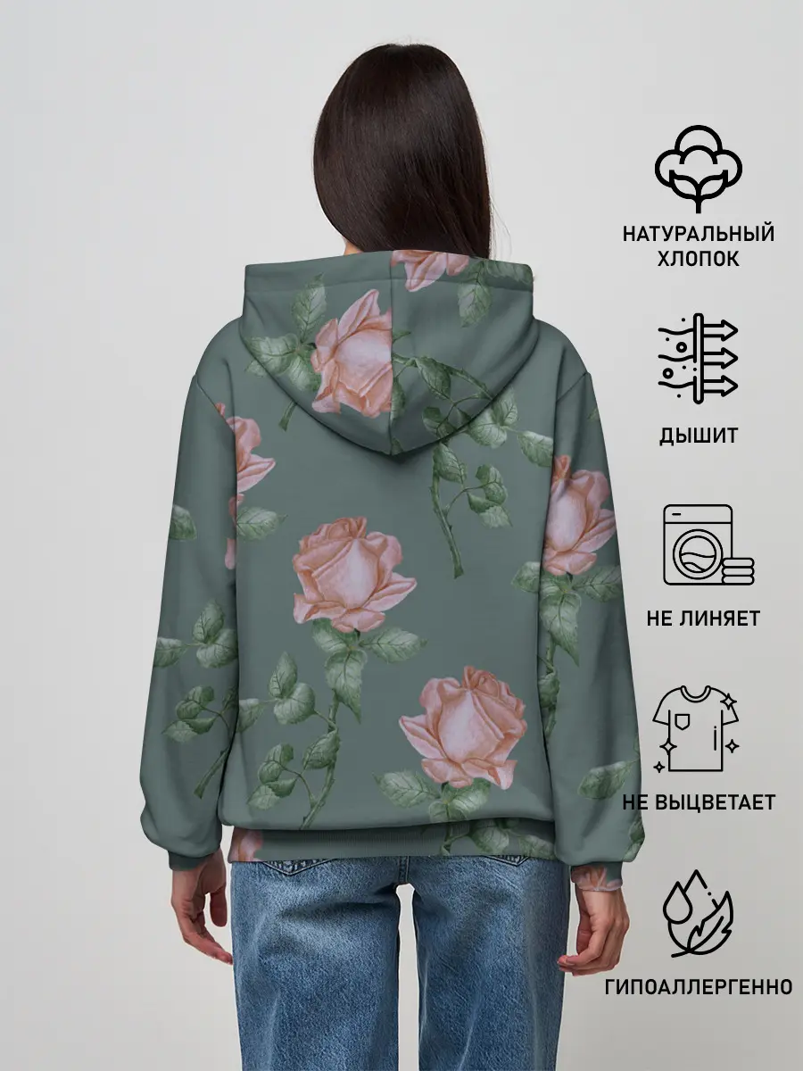 Женское худи / Красные розы на зеленом фоне