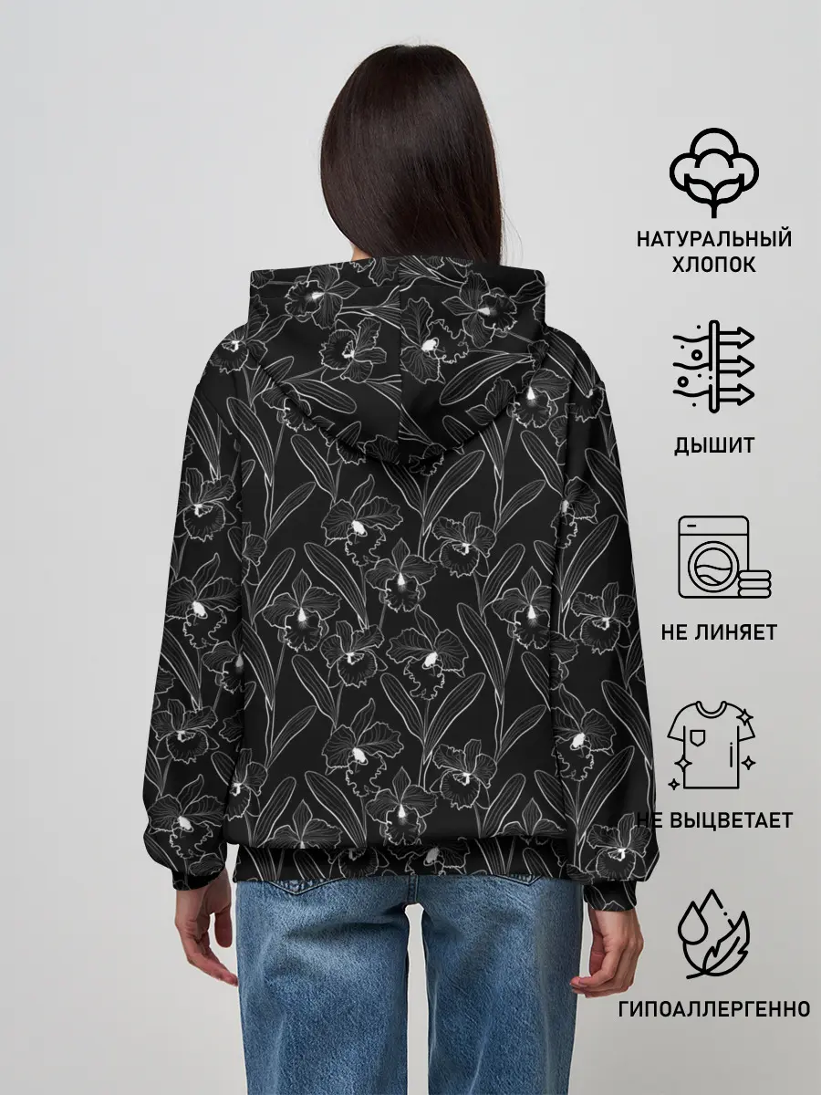 Женское худи / Цветы орхидеи на черном