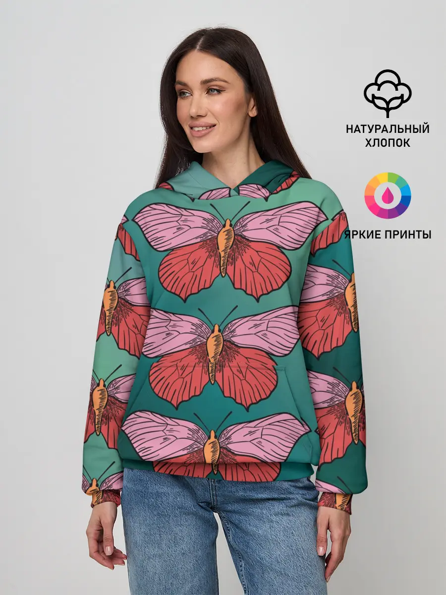 Женское худи / Зеленый принт с бабочками :)