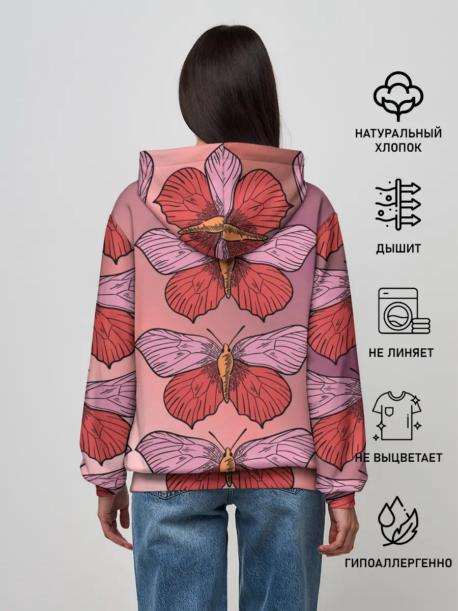 Женское худи / Розовый принт с бабочками