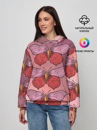 Женское худи / Розовый принт с бабочками