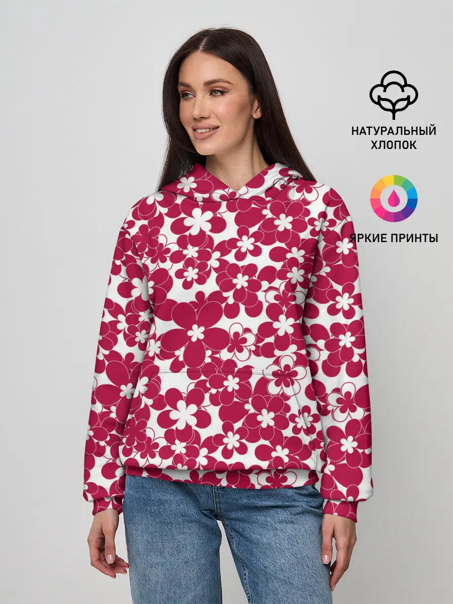 Женское худи / Бело-красный цветочный