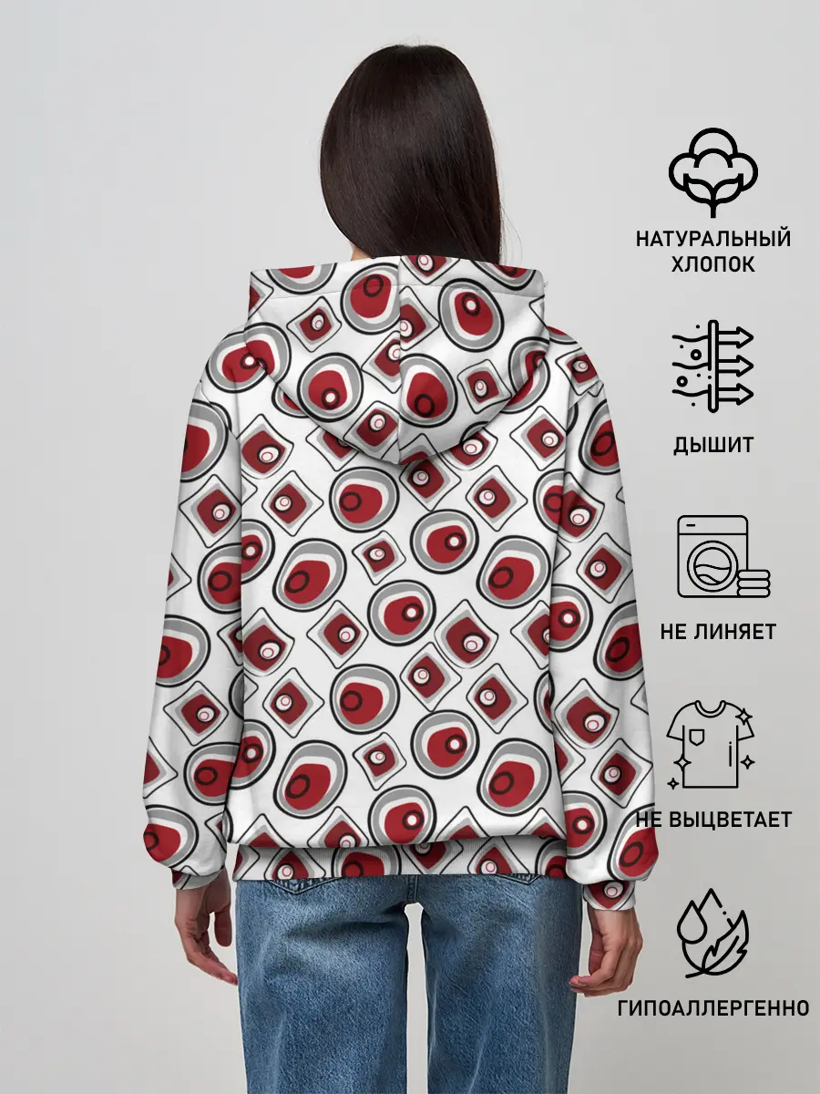 Женское худи / Красно черный узор на белом