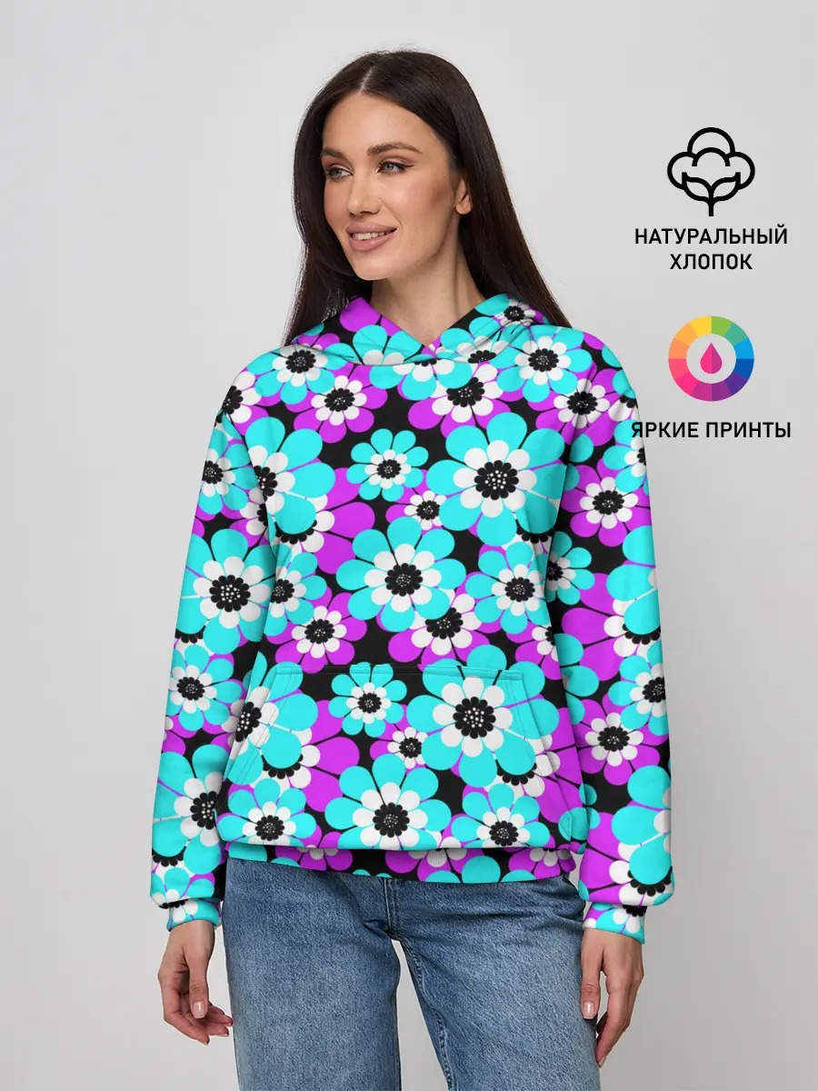 Женское худи / Яркие бирюзовые цветы
