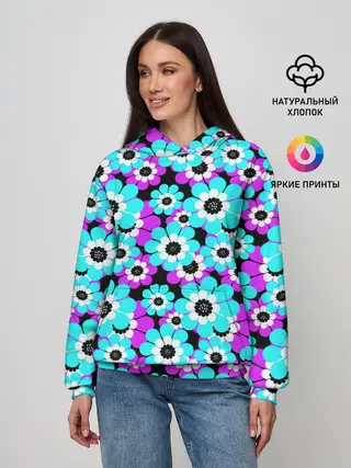 Женское худи / Яркие бирюзовые цветы