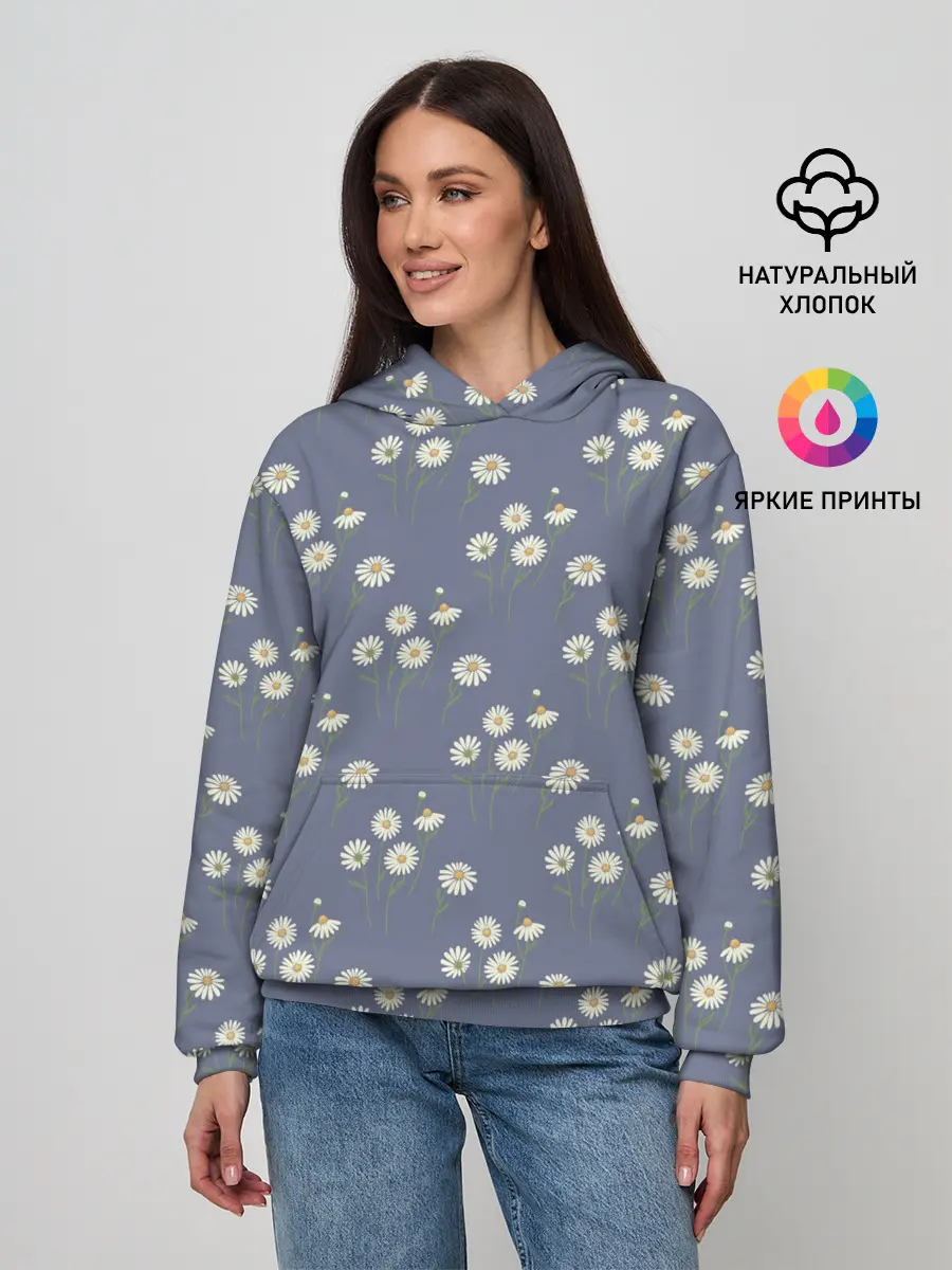 Женское худи / Ромашки на сером паттерн