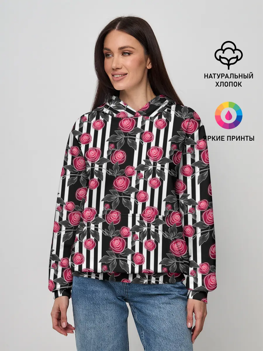 Женское худи / акварельные розы на полосатом