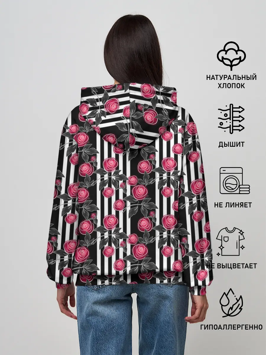 Женское худи / акварельные розы на полосатом