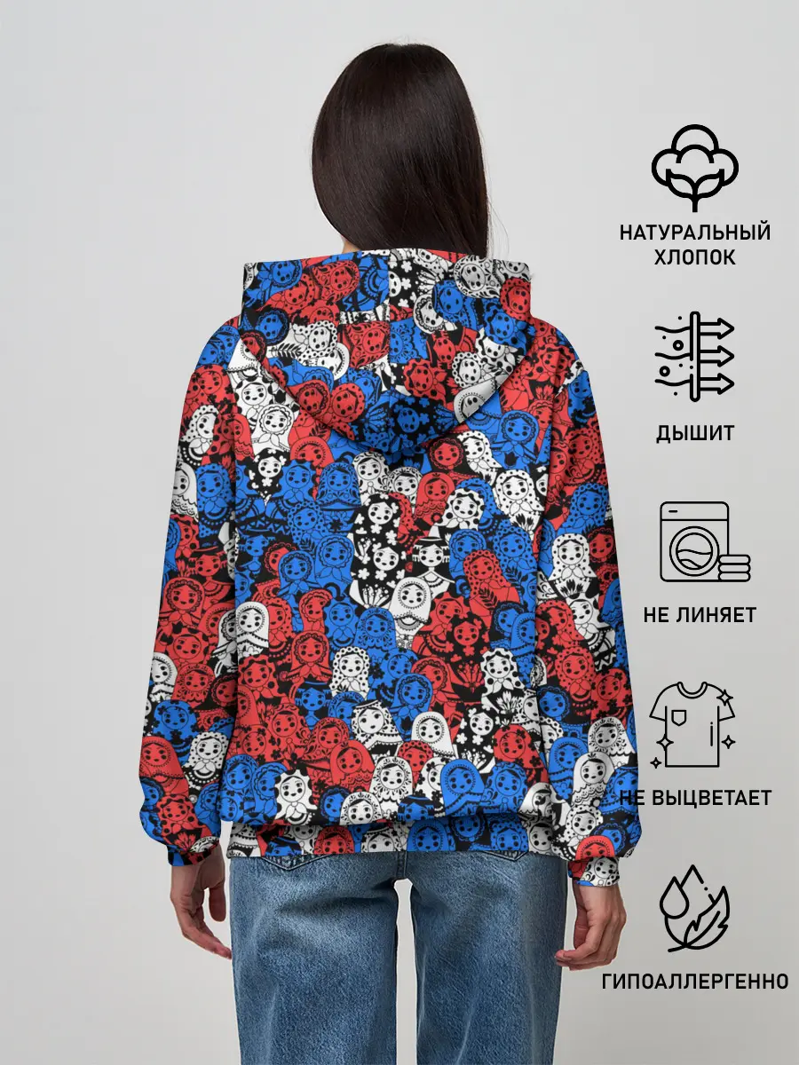 Женское худи / Бело-сине-красные матрёшки