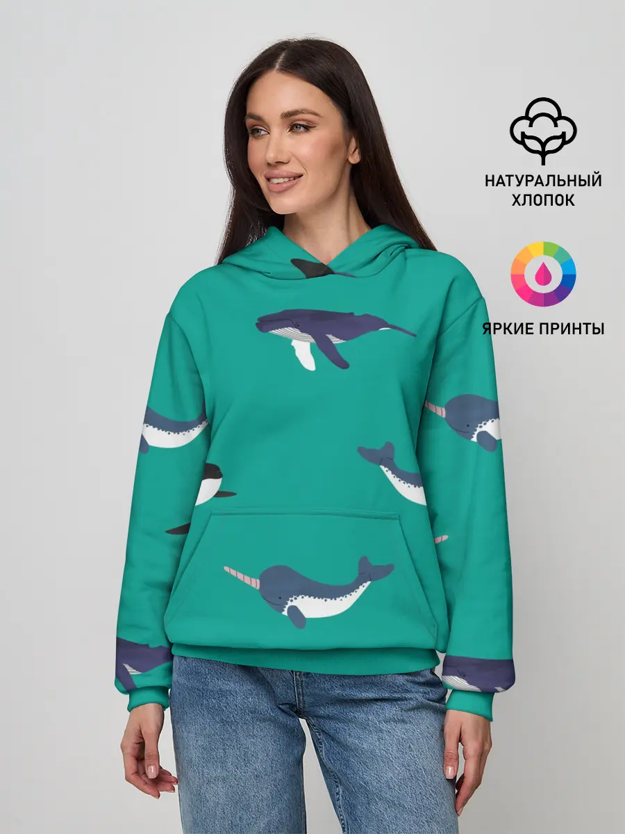 Женское худи / Нарвал, киты, касатка паттерн