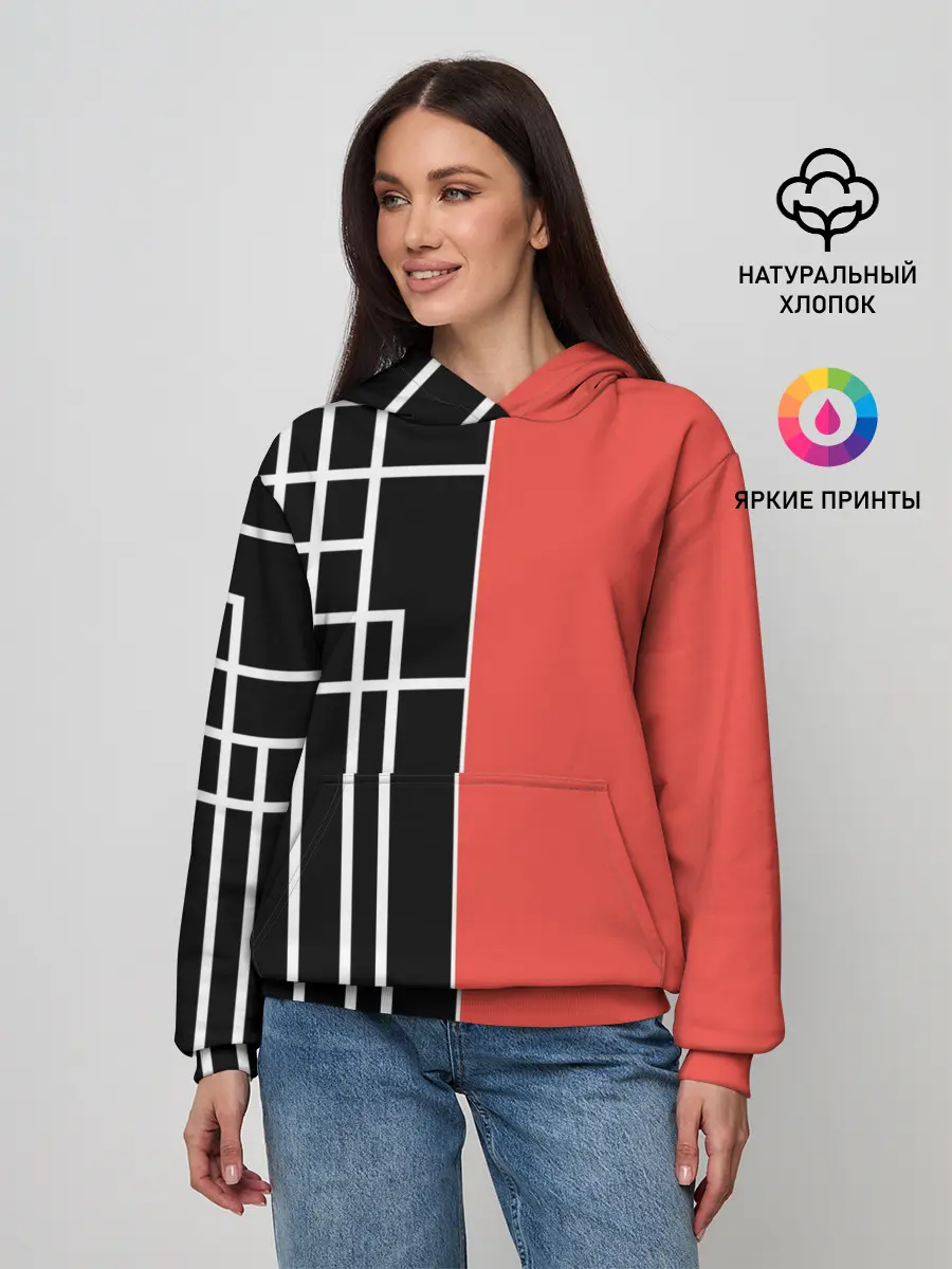 Женское худи / Черный и коралловый арт деко