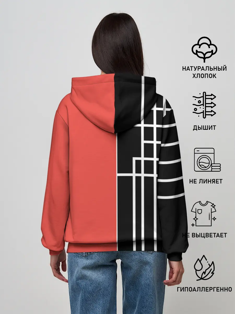 Женское худи / Черный и коралловый арт деко