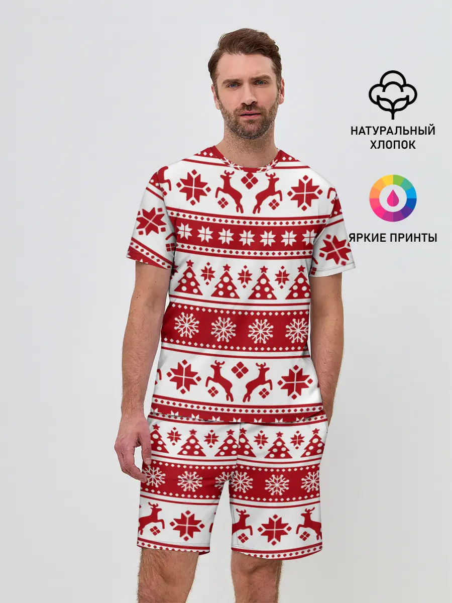 Мужской костюм с шортами / Новый Год | Олени и снежинки